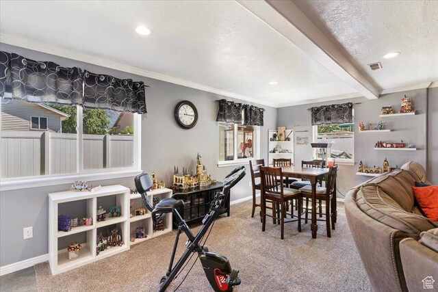 298 W 1775 N, Harrisville, UT 84414 - dining room with carpet flooring, baseboards, ornamental molding, recessed lighting, and beamed ceiling