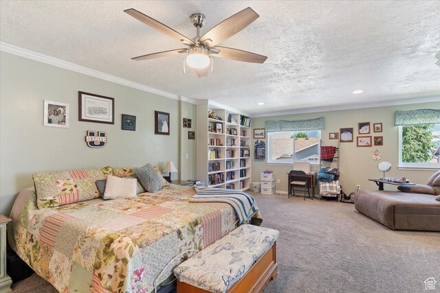 298 W 1775 N, Harrisville, UT 84414 - carpeted bedroom with a textured ceiling, crown molding, a ceiling fan, and recessed lighting