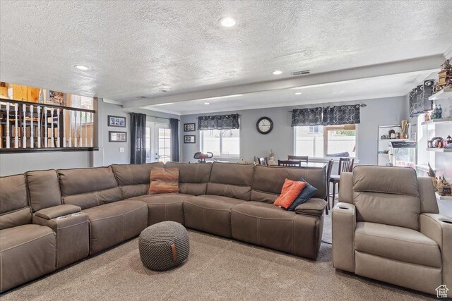 298 W 1775 N, Harrisville, UT 84414 - carpeted living area with a textured ceiling, recessed lighting, and plenty of natural light