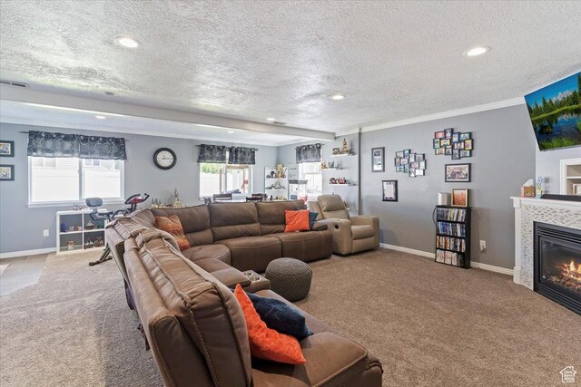 298 W 1775 N, Harrisville, UT 84414 - living room with carpet flooring, a textured ceiling, a tiled fireplace, recessed lighting, and baseboards