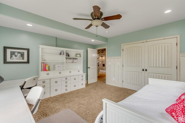 6663 W Normandy Way, Highland, UT 84003 - bedroom with recessed lighting, light carpet, a closet, and ceiling fan