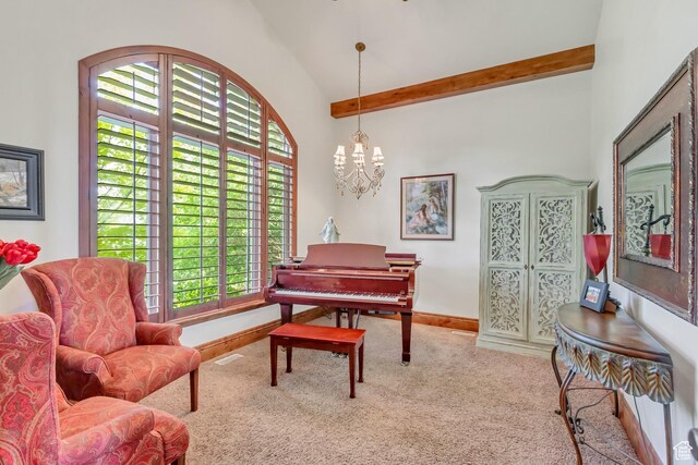 6663 W Normandy Way, Highland, UT 84003 - living area featuring carpet floors, plenty of natural light, a chandelier, baseboards, and high vaulted ceiling