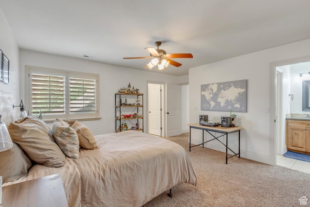 6663 W Normandy Way, Highland, UT 84003 - bedroom with light carpet, a ceiling fan, ensuite bathroom, and baseboards