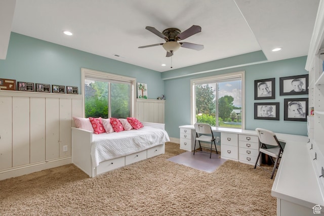 6663 W Normandy Way, Highland, UT 84003 - carpeted bedroom with an office area, multiple windows, recessed lighting, and a ceiling fan