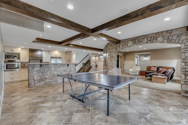 6663 W Normandy Way, Highland, UT 84003 - game room featuring beam ceiling, wainscoting, ornate columns, recessed lighting, and light stone finish flooring