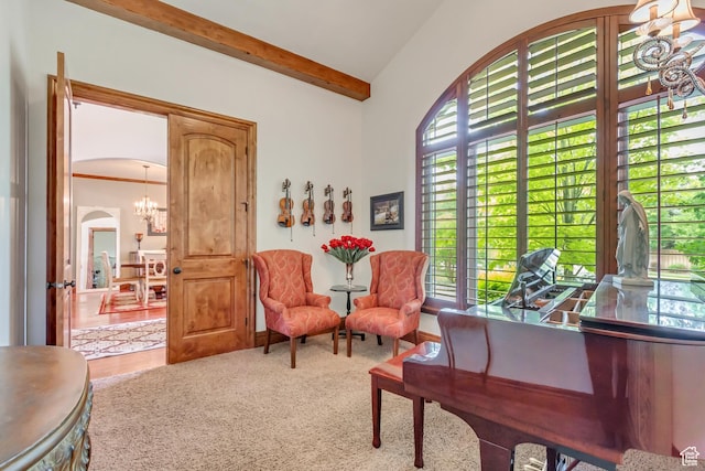 6663 W Normandy Way, Highland, UT 84003 - sitting room featuring a chandelier, arched walkways, and beamed ceiling