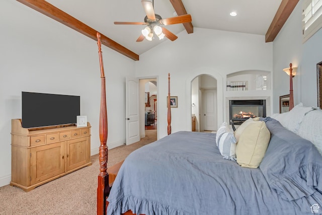 6663 W Normandy Way, Highland, UT 84003 - bedroom with light colored carpet, a glass covered fireplace, arched walkways, ceiling fan, and baseboards