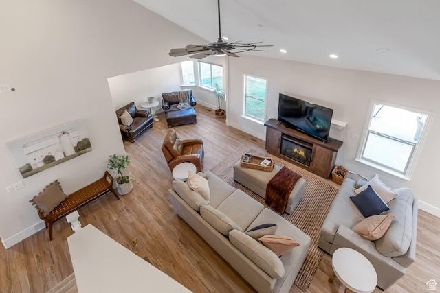 1110 S Woodland Hills Dr, Woodland Hills, UT 84653 - living room with baseboards, wood finished floors, recessed lighting, lofted ceiling, and a ceiling fan