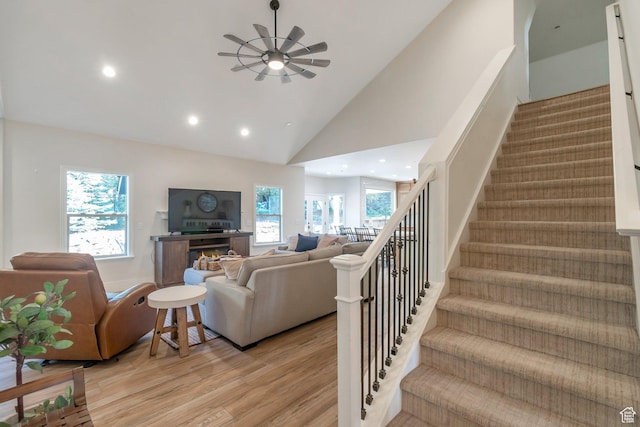 1110 S Woodland Hills Dr, Woodland Hills, UT 84653 - living room featuring ceiling fan, light wood-style flooring, stairs, recessed lighting, and high vaulted ceiling