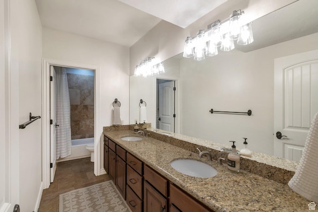 1110 S Woodland Hills Dr, Woodland Hills, UT 84653 - bathroom with double vanity, toilet, and shower / tub combo with curtain