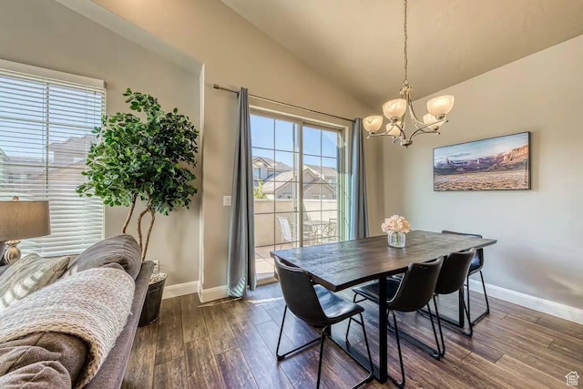 1914 E Fiesta Ln, Washington, UT 84780 - dining room with healthy amount of natural light, a chandelier, baseboards, dark wood-style flooring, and vaulted ceiling