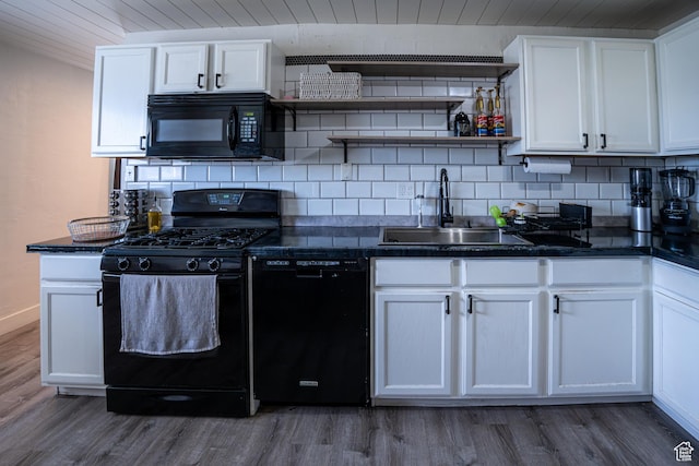 4820 S 4900 W, Kearns, UT 84118 - kitchen with black appliances, open shelves, a sink, wood finished floors, and wood ceiling