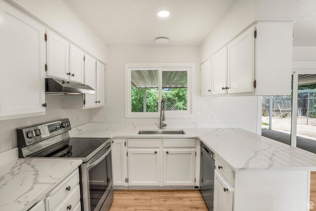 1098 N 1900 W, St George, UT 84770 - kitchen with stainless steel appliances, under cabinet range hood, a sink, a peninsula, and white cabinets