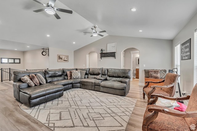 719 E Center St, Genola, UT 84655 - living room featuring ceiling fan, arched walkways, vaulted ceiling, light wood finished floors, and recessed lighting
