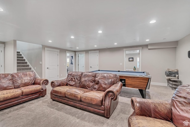 719 E Center St, Genola, UT 84655 - living area with recessed lighting, stairway, pool table, baseboards, and carpet