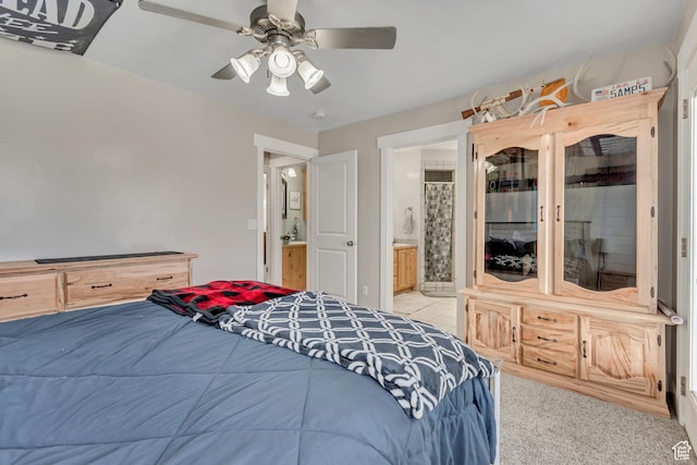 719 E Center St, Genola, UT 84655 - bedroom featuring ceiling fan, ensuite bath, and light carpet
