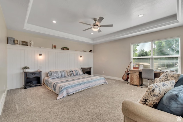 719 E Center St, Genola, UT 84655 - carpeted bedroom featuring a raised ceiling, recessed lighting, a ceiling fan, and baseboards