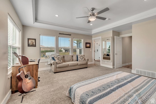 719 E Center St, Genola, UT 84655 - carpeted bedroom featuring a tray ceiling, baseboards, recessed lighting, and a ceiling fan