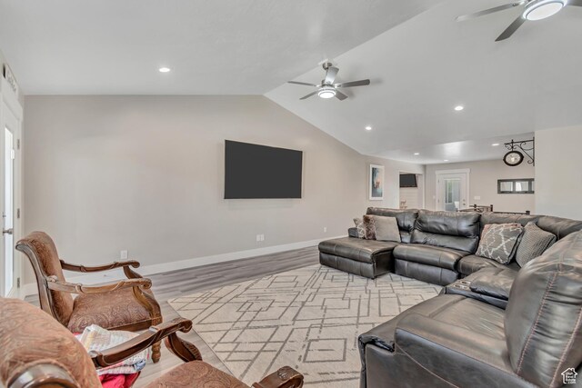 719 E Center St, Genola, UT 84655 - living room with ceiling fan, vaulted ceiling, wood finished floors, baseboards, and recessed lighting