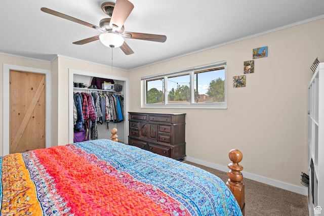 12345 S Redwood Rd, Riverton, UT 84065 - carpeted bedroom with baseboards, a closet, crown molding, and ceiling fan