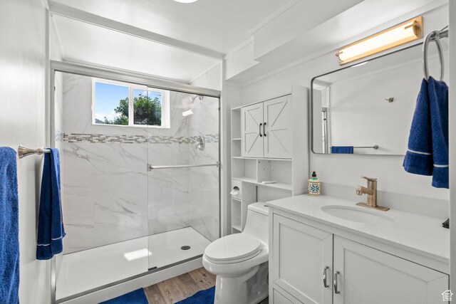 12345 S Redwood Rd, Riverton, UT 84065 - full bathroom featuring toilet, a marble finish shower, vanity, and wood finished floors