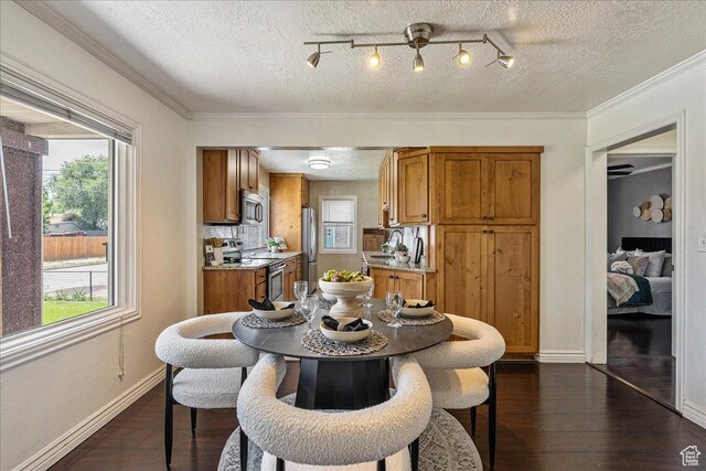 6 W Miller St S, Salt Lake City, UT 84107 - dining area with dark wood-type flooring, a textured ceiling, and crown molding
