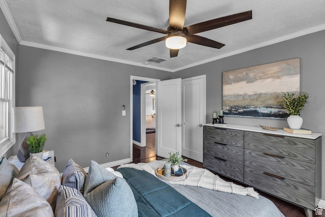 6 W Miller St S, Salt Lake City, UT 84107 - bedroom featuring wood finished floors, a ceiling fan, a textured ceiling, and crown molding
