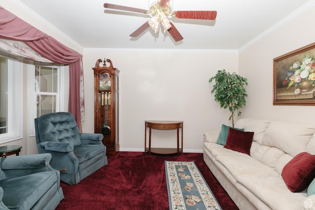 831 S 1150 E, Preston, ID 83263 - living area with ornamental molding, carpet, ceiling fan, and baseboards