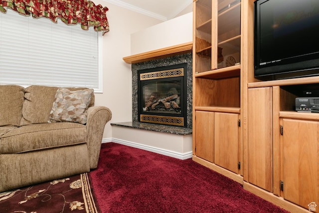 831 S 1150 E, Preston, ID 83263 - living room with dark carpet, crown molding, baseboards, and a tile fireplace