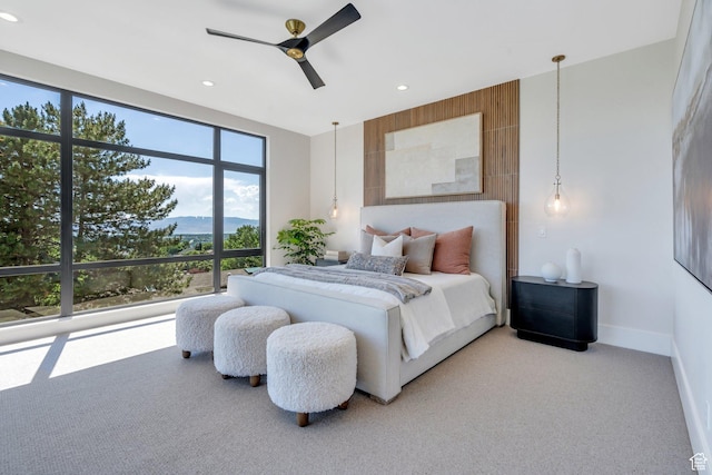 3943 N Foothill Dr, Provo, UT 84604 - bedroom with light carpet, recessed lighting, a mountain view, baseboards, and a ceiling fan