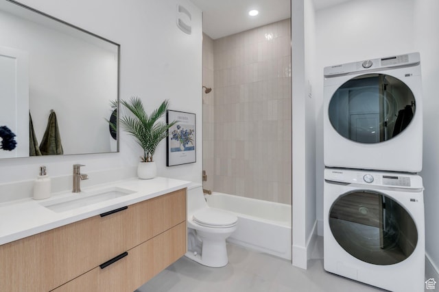 3943 N Foothill Dr, Provo, UT 84604 - full bath featuring estacked washer and dryer, vanity, toilet, tub / shower combination, and recessed lighting