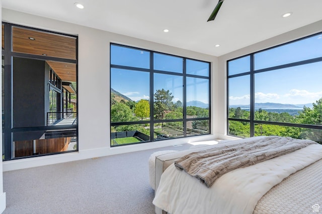 3943 N Foothill Dr, Provo, UT 84604 - carpeted bedroom featuring a mountain view, recessed lighting, and a ceiling fan