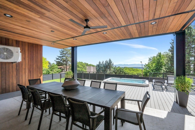 3943 N Foothill Dr, Provo, UT 84604 - view of patio featuring an outdoor hot tub, outdoor dining area, a cooling unit, ceiling fan, and a deck with mountain view