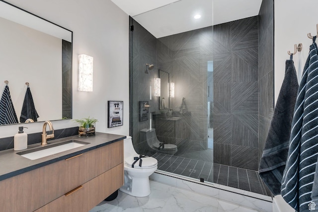 3943 N Foothill Dr, Provo, UT 84604 - bathroom with vanity, toilet, marble finish floors, a walk in shower, and recessed lighting