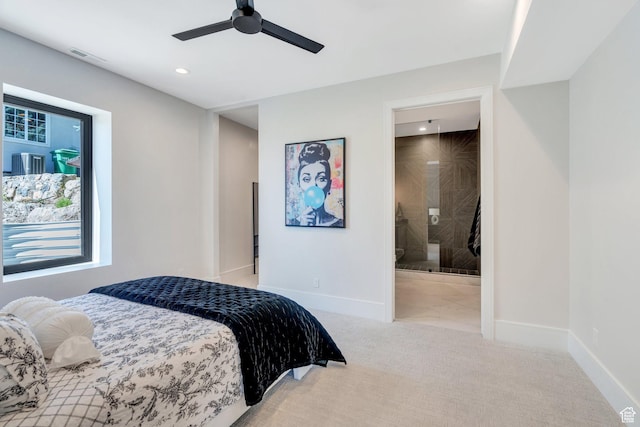 3943 N Foothill Dr, Provo, UT 84604 - bedroom featuring recessed lighting, baseboards, carpet floors, ceiling fan, and ensuite bathroom