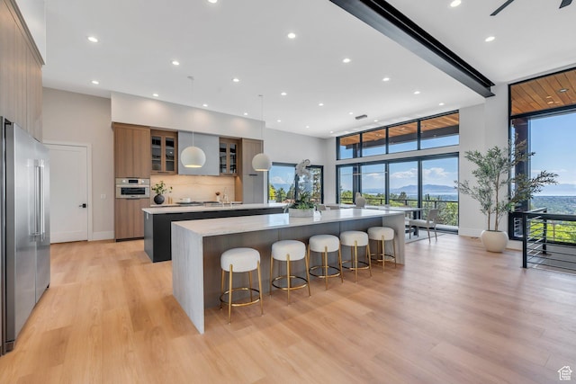 3943 N Foothill Dr, Provo, UT 84604 - kitchen featuring appliances with stainless steel finishes, a spacious island, modern cabinets, light wood-style flooring, and light countertops