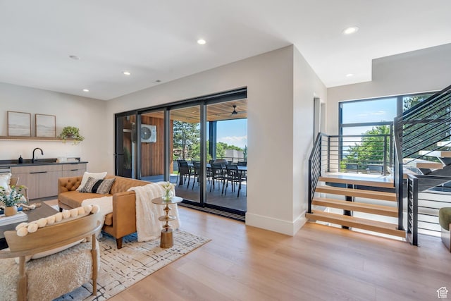 3943 N Foothill Dr, Provo, UT 84604 - living area featuring stairs, light wood-type flooring, recessed lighting, and baseboards