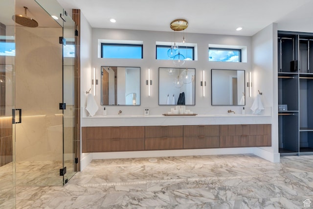 3943 N Foothill Dr, Provo, UT 84604 - bathroom featuring double vanity, a stall shower, marble finish flooring, and recessed lighting