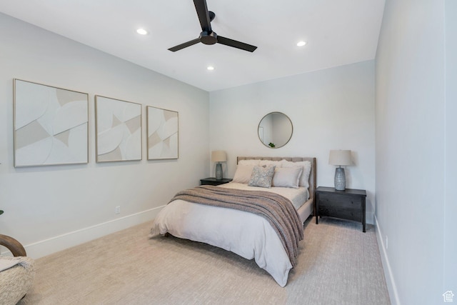 3943 N Foothill Dr, Provo, UT 84604 - bedroom featuring light carpet, baseboards, recessed lighting, and a ceiling fan