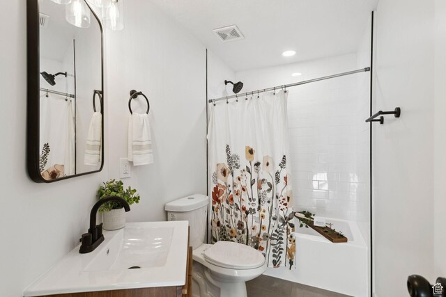 155 W 800 N, Spanish Fork, UT 84660 - bathroom featuring toilet, vanity, shower / bath combination with curtain, and tile patterned flooring