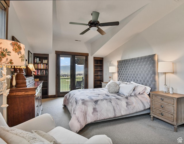 707 N Chimney Rock Rd, Heber City, UT 84032 - carpeted bedroom featuring access to exterior, lofted ceiling, baseboards, and ceiling fan