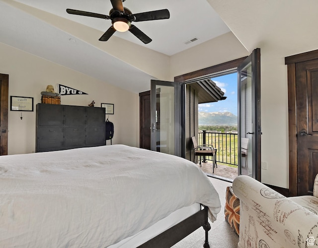 707 N Chimney Rock Rd, Heber City, UT 84032 - carpeted bedroom with access to exterior, lofted ceiling, and a ceiling fan