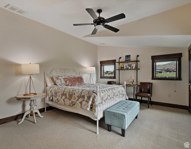 707 N Chimney Rock Rd, Heber City, UT 84032 - bedroom featuring vaulted ceiling, light colored carpet, baseboards, and ceiling fan