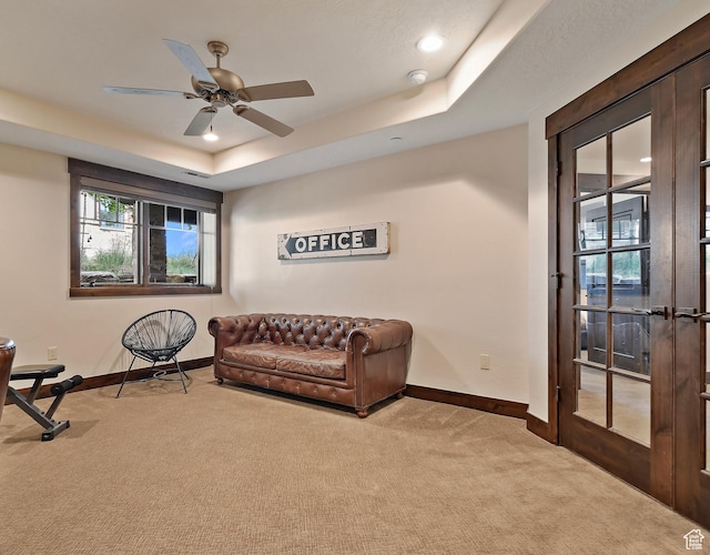 707 N Chimney Rock Rd, Heber City, UT 84032 - sitting room featuring carpet flooring, baseboards, ceiling fan, a tray ceiling, and recessed lighting