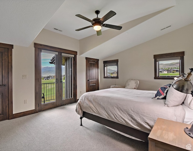 707 N Chimney Rock Rd, Heber City, UT 84032 - bedroom with access to outside, carpet, ceiling fan, vaulted ceiling, and baseboards