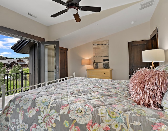 707 N Chimney Rock Rd, Heber City, UT 84032 - bedroom featuring access to exterior, vaulted ceiling, and ceiling fan