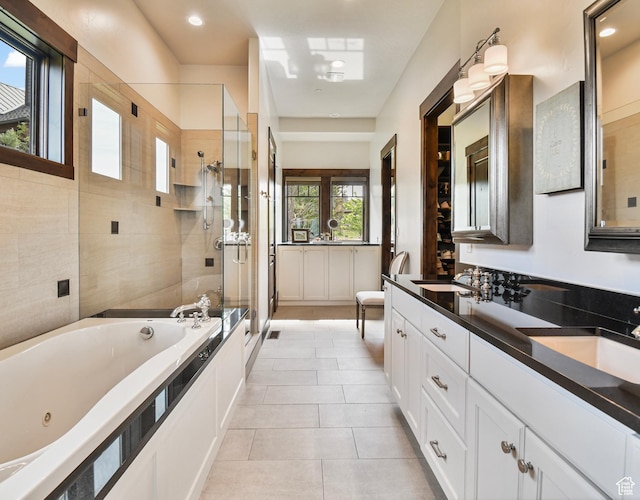 707 N Chimney Rock Rd, Heber City, UT 84032 - full bath with a shower stall, double vanity, a whirlpool tub, tile patterned flooring, and recessed lighting