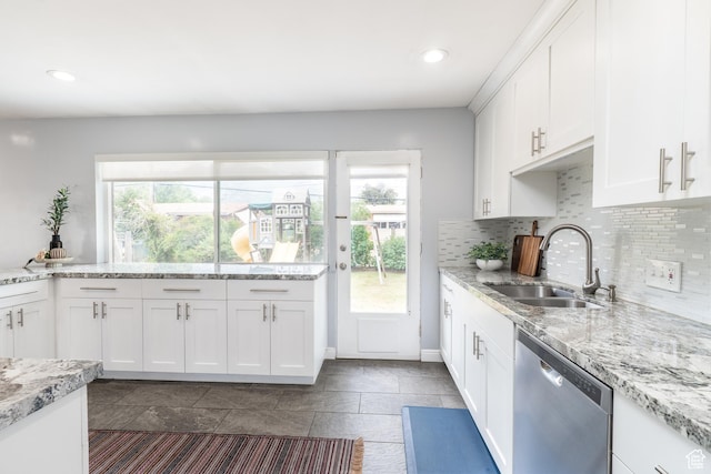 1820 E Meadow Dr S, Cottonwood Heights, UT 84121 - kitchen with stainless steel dishwasher, tasteful backsplash, white cabinetry, light stone counters, and recessed lighting