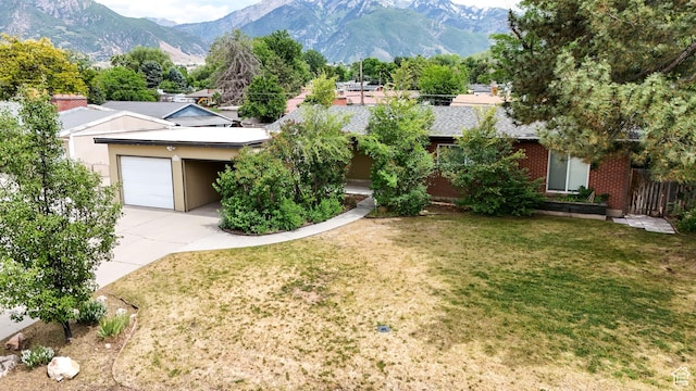 1820 E Meadow Dr S, Cottonwood Heights, UT 84121 - view of front facade with driveway, a garage, a front lawn, and a mountain view