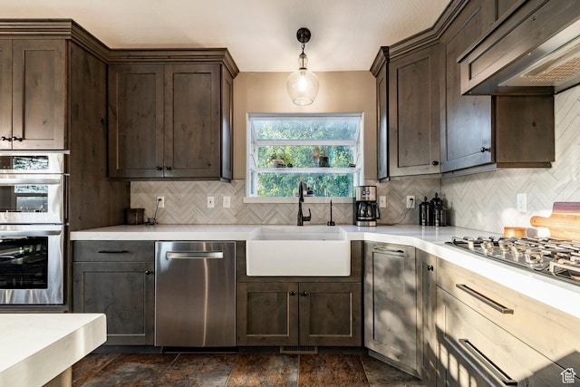 13898 Summerset Cir, Draper, UT 84020 - kitchen with stainless steel appliances, a sink, ventilation hood, and dark brown cabinetry